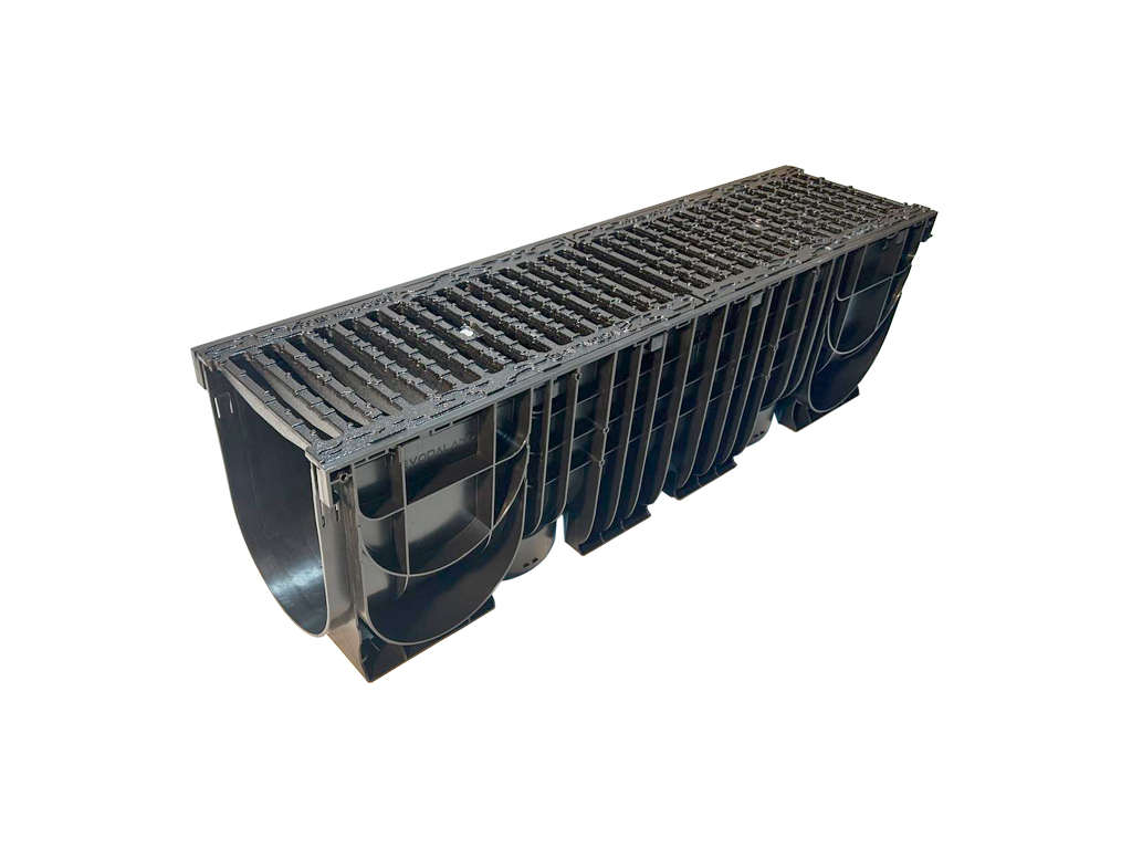 Лоток водоотводный пластиковый BASE DN200 H300 с решеткой чугунной щелевой класс нагрузки C250